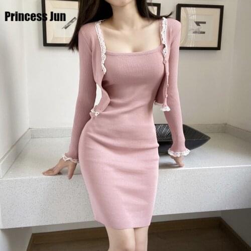 Women 2 Piece Sexy Dress Sets Spring Autumn Spaghetti Straps Knit Sling Mini Dress&Lace Stitching Thin Sweater Cardigan Suits