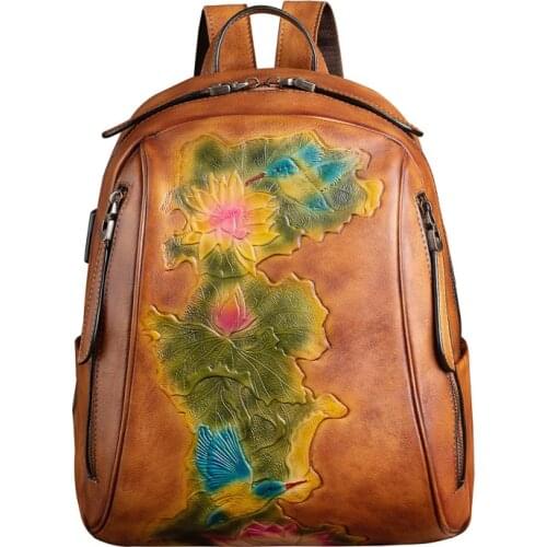 Genuine Leather Women Backpack Daypack Schoolbag USB Charging Port Retro Female Real Cowhide Book Bag Knapsack Rucksack Satchel