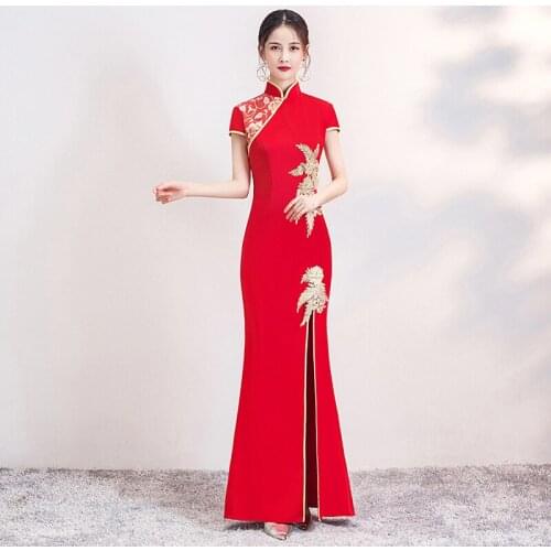 Flower Appliques Mermaid Cheongsam Sexy High Split Qipao Mandarin Collar Evening Party Dress Gown Satin Chinese Long Vestidos