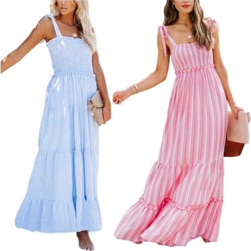 Womens Summer Solid Color Boho Spaghetti Strap Dress Square Neck Floral Ruffle A Line Beach Long Maxi Swing Dress Sundress