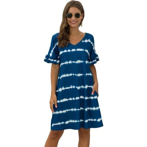 2020 Summer Fashion Wave Stripe Tie-Dye Print Dress Women Casual Loose Dress Short Sleeve New Bohemian Pocket Dresses V-Neck