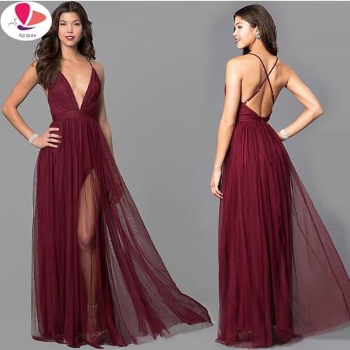Wine Strap Striped Mesh Lace Split Women Dress Sexy Deep V Neck Backless Maxi Dress Autumn Winter Long Party Dress Vestidos