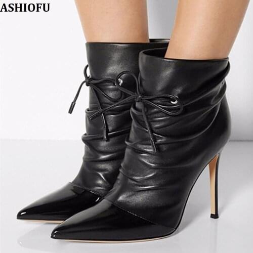 ASHIOFU Handmade New Women High Heel Boots Shoelace Ballet-toe Party Prom Ankle Boots Office Dress Fashion Short Boots Shoes