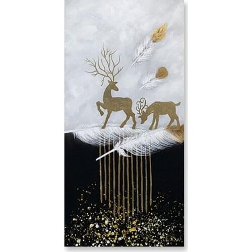 Running Deer Picture Canvas Art 100% Hand-painted Abstract Golden Foil Design Oil Painting Black And White Canvas Wall Art