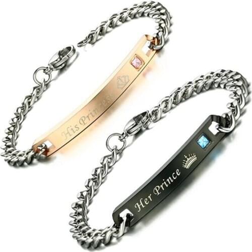 1 pair Engraved Couple Bracelet Love Giving Gift Stainless Steel Chain ID Jewelry for Women Men DropShipping HIS PRINCESS