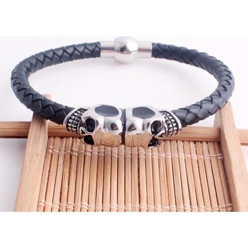 Black Genuine Leather Skeleton Skull Charm Bracelet Men Gift Magnet Punk Rock Jewelry Stainless Steel Cuff Bangle