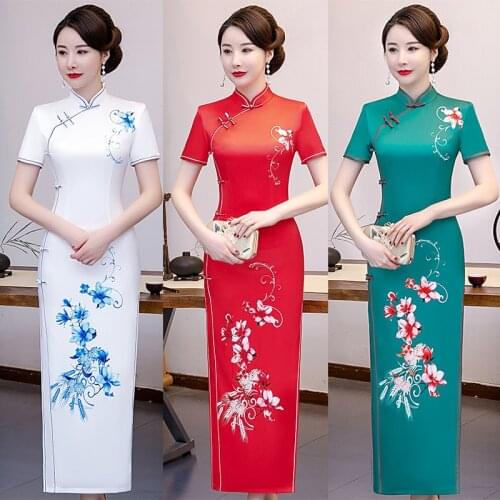 FZSLCYIYI Ladies Chinese Clothing Satin Silk Cheongsam China Style Elegant Daily Traditional Dress Mandarin Collar Long Qipao