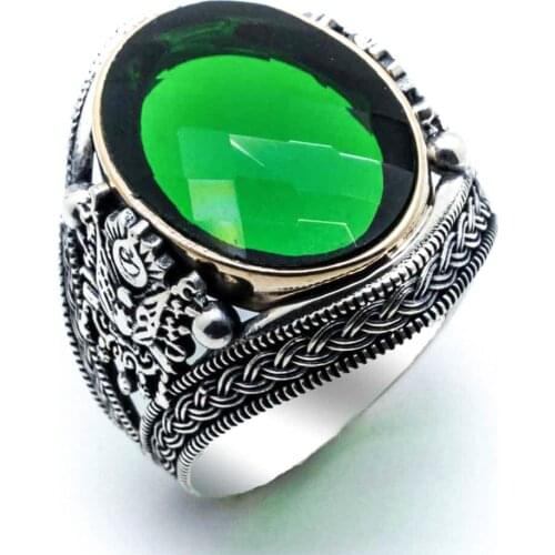 925 sterling Silver Green Zircon Stone State Coat Of Arms Detailed Ring