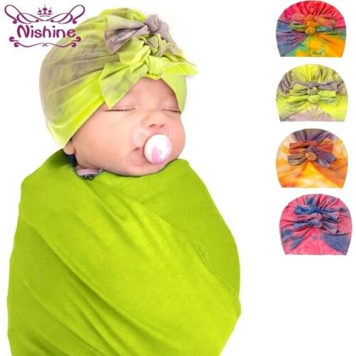 Colorful Handmade Bowknot Baby Girls Turban Hat Fashion Tie-dyed Cotton Infant Caps Cute Bows Headwear Kids Hair Accessories