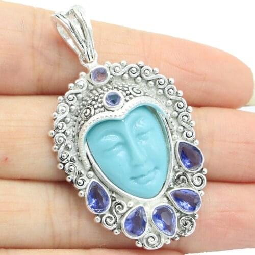 50x31mm SheCrown Special Big 11.6g Moon White Goddess Face Created Peridot Aquamarine Silver Pendant