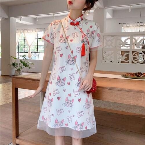 Cute Womens Summer Cats Chipao China Modern Style Dress Mandarin Collar Tassel Kawaii Girls One Piece