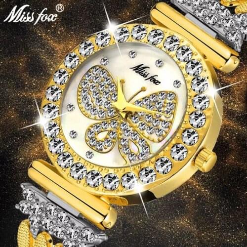 MISSFOX butterfly ladies watch 2021 luxury brand big diamond 18K gold watch strap expensive special waterproof ladies watch
