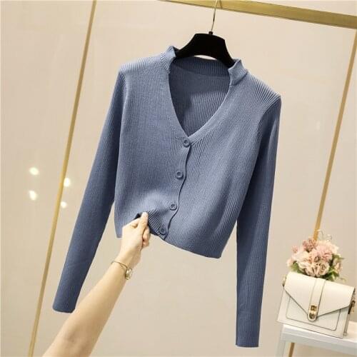 Fashion Womens Knitted Sweater Button Up Tops for Women Solid Long Sleeve Cardigan Women Sexy V-neck Woman Clothing Basic Tops