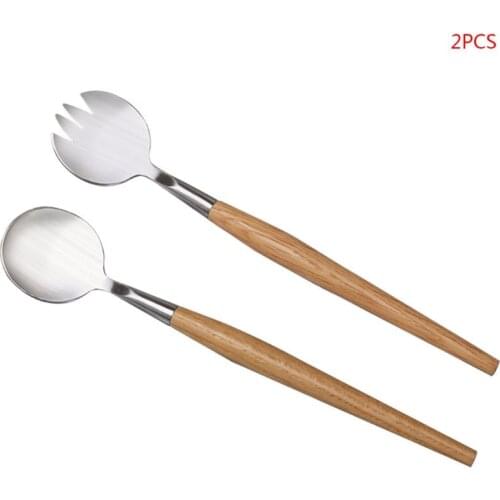 2 Pcs Salad Spoon Fork with Long Wooden Handle Set Stainless Steel Dessert Fruit Kitchen Tableware Tools