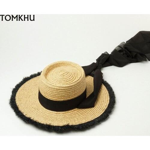 Natural Raffia Concave Top Black Bandage Wide Brim Hat For Women Girl Outdoor Summer Beach Fashion Catwalk Sombrero Playa Mujer