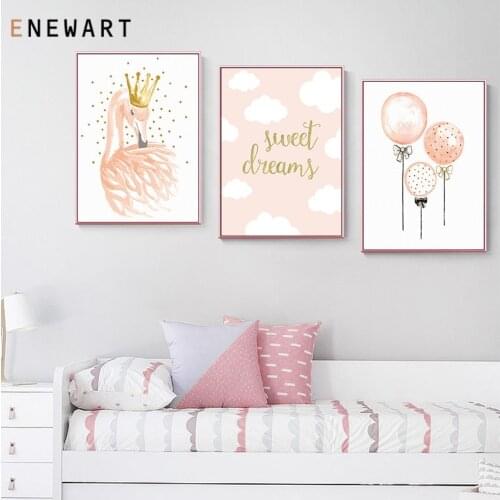 Cartoon Child Poster Baby Nursery Wall Art Canvas Print Pink Balloon Swan Painting Nordic Girl Bedroom Picture Home Decor