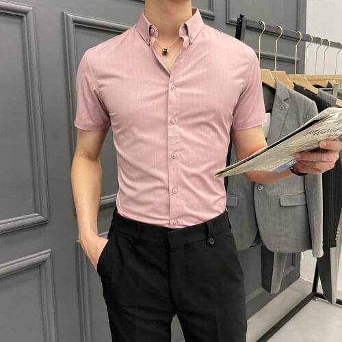 Summer Young Mens Shirt Korean Slim Simple Short Sleeve Casual Fashion Office Interview On Formal Occasions 2021 Pure Color