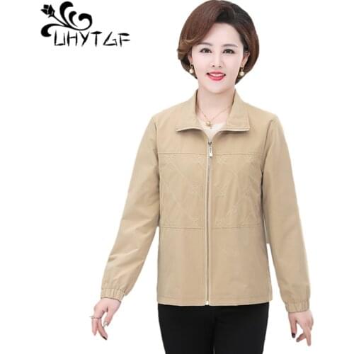 UHYTGF Womens Trench Coat Solid Casual Spring Windbreaker Female Elegant Mother Short Tops Korean Loose Plus Size Outerwear 1578