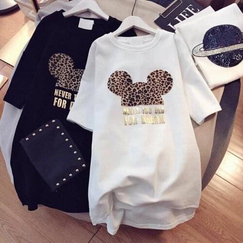 Fanco Women T Shirt Korean Kawaii Tops 90s Leopard Plus Size Long T Shirts Cartoon O-Neck Korean Shirt