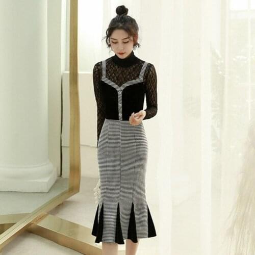 Plus Size 2019 Women Hollow Out Lace Blouse and Houndstooth Tank Skirt Women 2 Piece Set Autumn Winter Vintage Two Piece Set