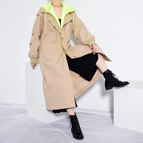 Womens Windbreaker 2021 Autumn New Hooded Trench Coat Plus Size Khaki Long Coat Female Trenchcoat Overcoat Fall Clothes