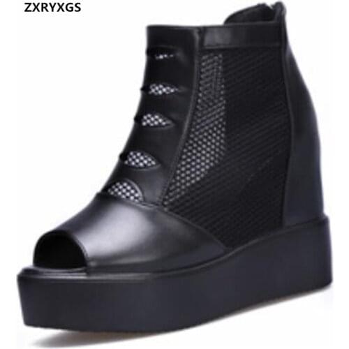 2021 Fish Mouth High Quality PU Mesh Summer Cool Boots Women Sandals Platform Increased Within Heighten Shoes High Heel Sandals