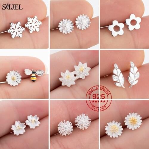 100% 925 Sterling Silver Plant Earrings for Women Fashion Dandelion Flower Snowflake Daisy Stud Earrings Bee Plata de ley 925