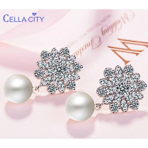 Cellacity classic 925 Sterling Silver Drop Earring For Women Fine Freshwater Pearl Zircon Pendant Earring Crystal Wedding Gift