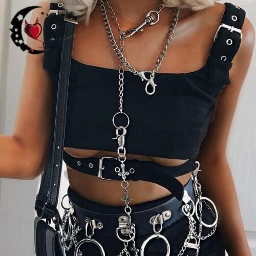 Gothic Sexy Bandage Metal Buckle Camis Women Punk Spaghetti Straps Black Crop Top Female Sleeveless Bodycon Streetwear