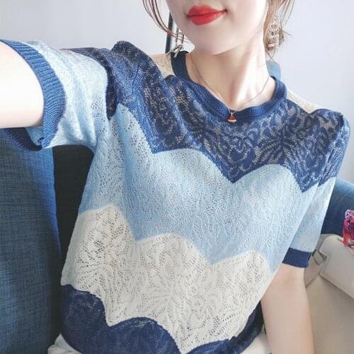 Summer Pullover Sweater Women Wave Short Sleeve O-neck 100% Cotton Vintage Cute Knitting Sweater Hollow Out Slim Fit Simplee