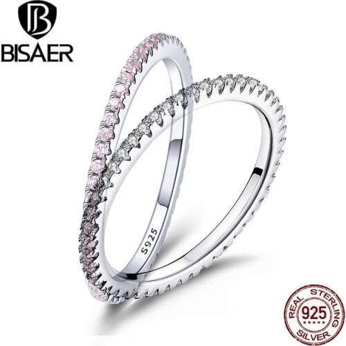 Genuine 925 Sterling Silver Simple Clearly CZ Round Circle Stackable Finger Rings for Women Fashion Engagement Ring Jewelry