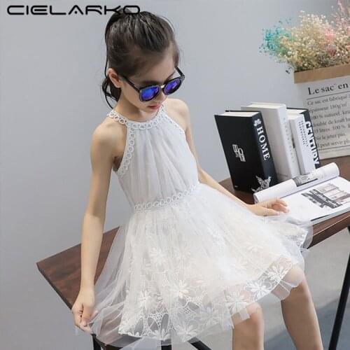 Cielarko Tulle Girls Dress Flower Embroidery Halter Kids Dresses Pageant Summer Party Clothing Princess Frock for 2-10 Years
