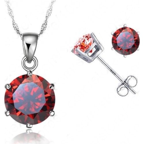8 Colors Cubic Zirconia Hot Genuine 925 Sterling Silver Jewelry Sets 6 Claws Stud Earring Pendant Necklace 18" Chain