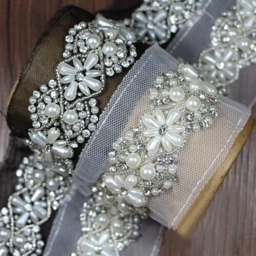 1yards White Pearl Rhinestone Beaded Lace Trim Black Mesh Fabric Applique For Handmade Sewing Clothes Wedding Dress Accessories