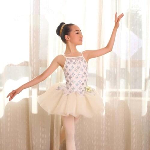 Free Shipping!Sequins Elegant Beige Girls Ballet Tutu Skirt w/Leotard,Professional Stage Performance/Practice Costume for Child