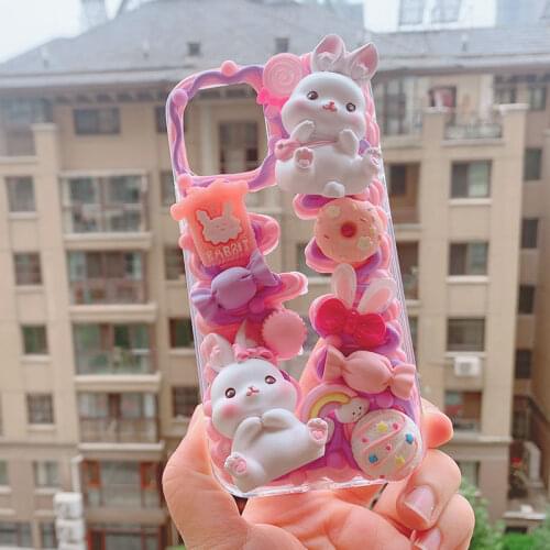 Handmade For Samsung Note 20 ultra case Kawaii Rabbit Galaxy note 10 plus Customized phone Cover s10 S20 s21 FE DIY cream shell