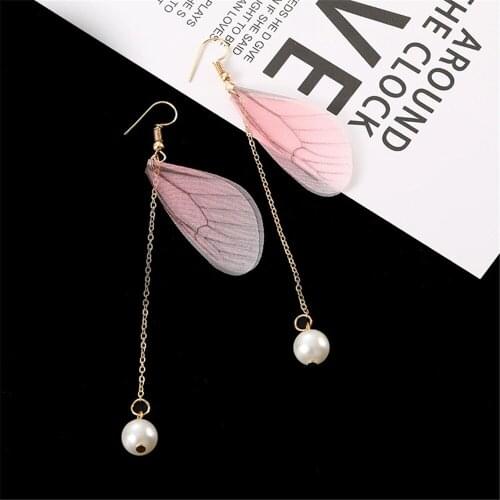 CRLEY Pink Wing Earrings Fashion Jewelry Simulated Pearls Long Chain Dangle Elegant Earrings For Women factory wholesale price