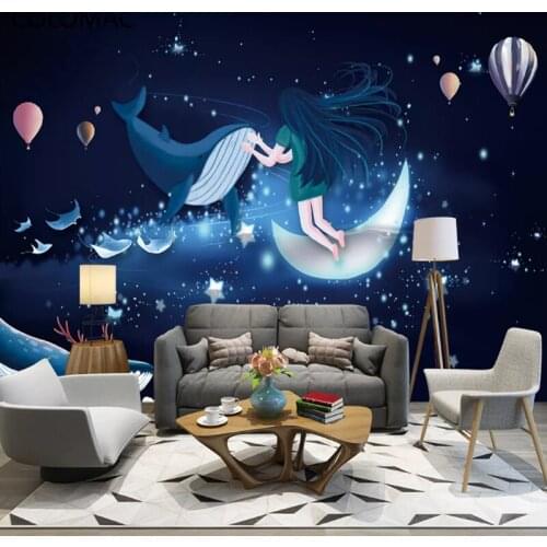 Colomac Custom 3d Fantasy Starry Sky Whale Cartoon Wallpaper Children Room Bedroom Background Mural Wall Stickers Drop Shopping