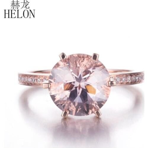 HELON Solid 14K Rose Gold Flawless Round 8mm Genuine Morganite Diamonds Women Trendy Fine Jewelry Gift Engagement Wedding Ring
