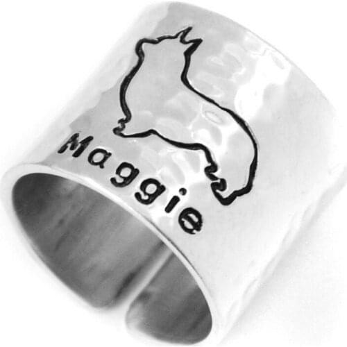 Personalized Hammered Welsh Corgi Ring, Dog Lover Gift Custom Welsh Corgi Ring Hand Stamped, Engraved Ring Wide