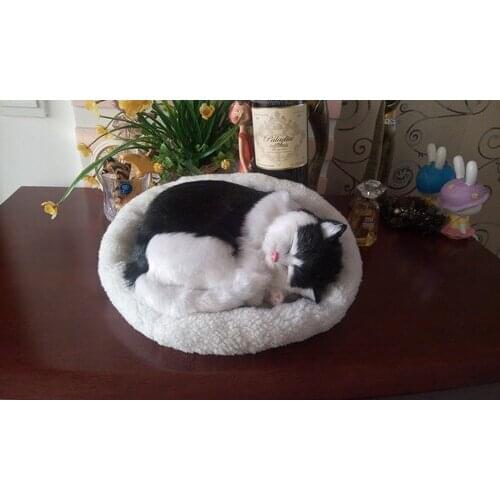 25x20cm simulation black&white cat with mat model toy,polyethylene&furs breathing cat ,prop,home decoration,Xmas gift 0716