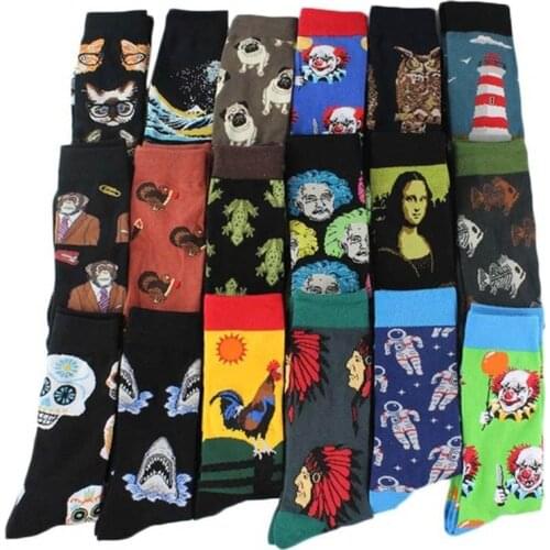 Fashion Hip Hop Men Socks Trend Harajuku Marvel Clown Chicken Shark cat dog animal skateboard happy socks Funny Socks
