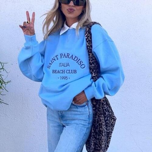 Sky Blue Letter Print Brand Vintage Oversized Sweatshirt Women O Neck Loose Long Sleeve Casual Pullover Casual Lady Fall Street