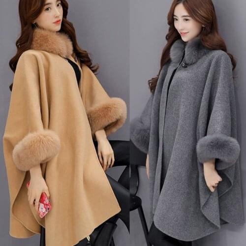 Woolen Coat Winter Women Mid-length Coat Ladies Korean Version The Large Fur Collar Jackets Wool-Coat Jacket Parka Cape Shawl