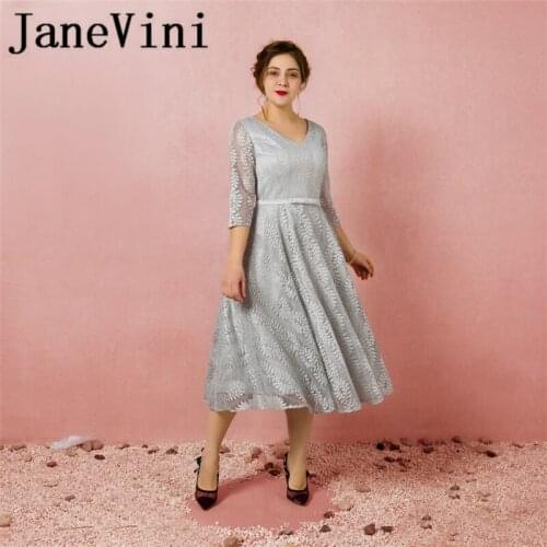 JaneVini Mother Of The Bride Dress With Sleeves V Neck Backless Formal Party Silver Gray Elegant Lace Evening Gowns Plus Size