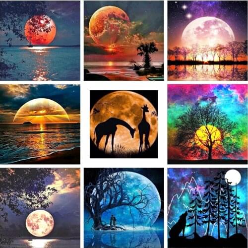 Full circle diamond painting moon tree 5D handmade diamond embroidery Cross Stitch mosaic seaside landscape kit home decoration