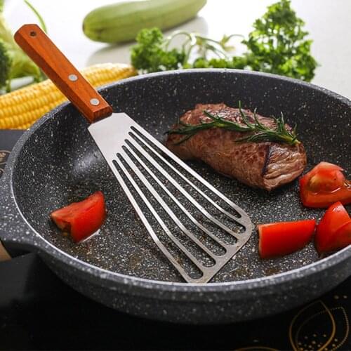 Practical Frying Shovel Stainless Steel Multi-function Fish Slice Leaking Spatula Shovel Non-slip Wooden Handle Cookware