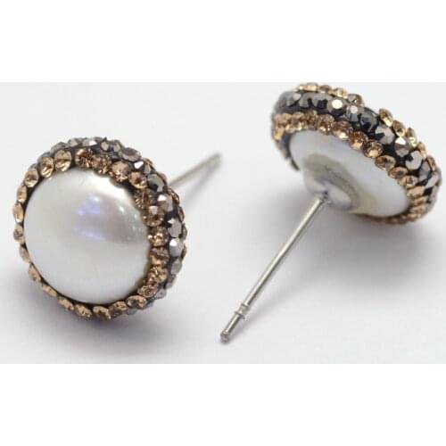 10 pairs Pearl Stud Earrings with Polymer Clay Rhinestones Brass Finding Half Round 12x6mm DIY Jewelry Making Earrings Supplies