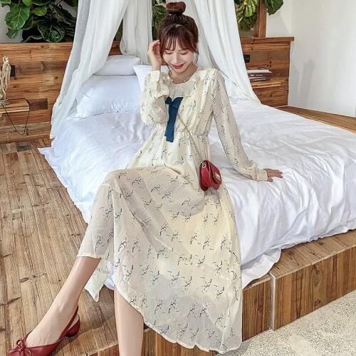 Pregnant Woman Chiffon Lactation Dress Sweet Peter Pan Collar Bow Ruffles Flare Sleeve Maternity Floral Nursing Dress Feeding
