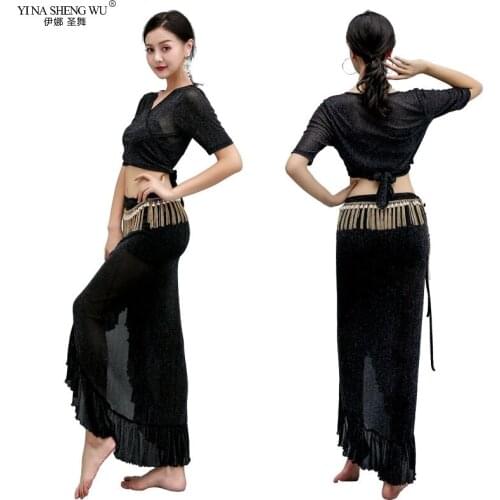 Belly Dance Practice Clothes Women Top Short Sleeve Long Skirt V-Neck 2 Piece Bellydance Costume Stage Performance 2 Colors New